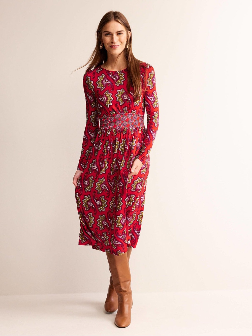 BODEN  $130 Thea Red Paisley Amaryllis Jersey Knit Midi Dress US 4R #120 - Picture 2 of 7